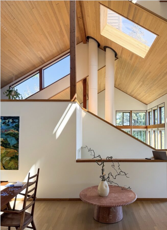 A pair of white flues rising through a cedar ceiling beside a skylight.